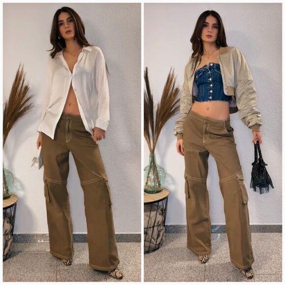 Zara Full Length Light Khaki Cargo Pants New - Picture 1 of 10